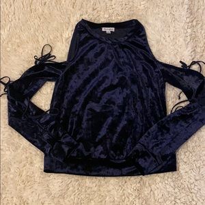 Navy crushed velvet cold-shoulder tie top